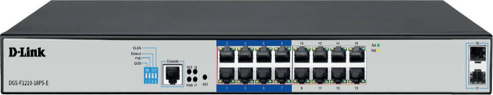 DLink 16 Port Layer 2 Gigabit Managed Long Range PoE+ Surveillance Switch (DGS-F1210-18PS-E) DLink 16 Port Layer 2 Gigabit Managed Long Range PoE+ Surveillance Switch (DGS-F1210-18PS-E)
